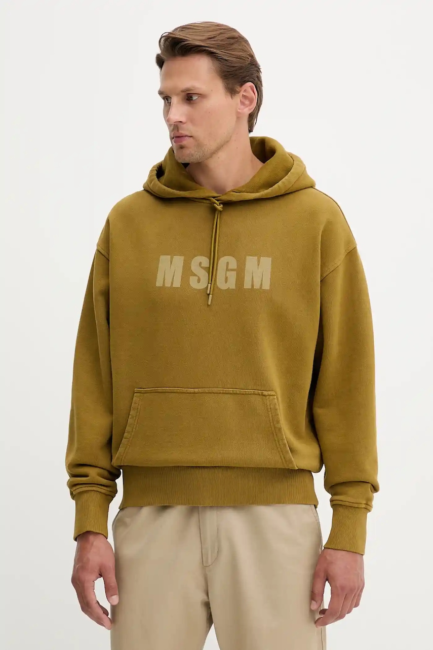 MSGM hanorac de bumbac culoarea verde, cu glugă, cu imprimeu, 3940MM97SE.257586
