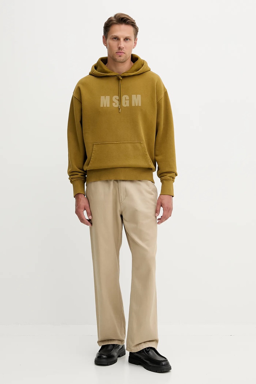 Хлопковая кофта MSGM цвет зелёный с капюшоном с принтом 3940MM97SE.257586