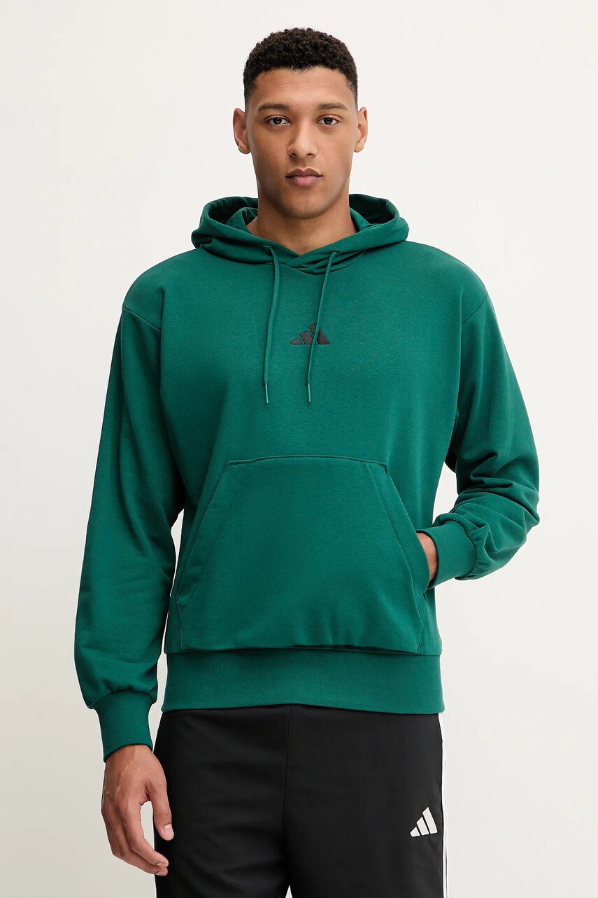 adidas bluză Feelcozy culoarea verde, cu glugă, uni, JE3841