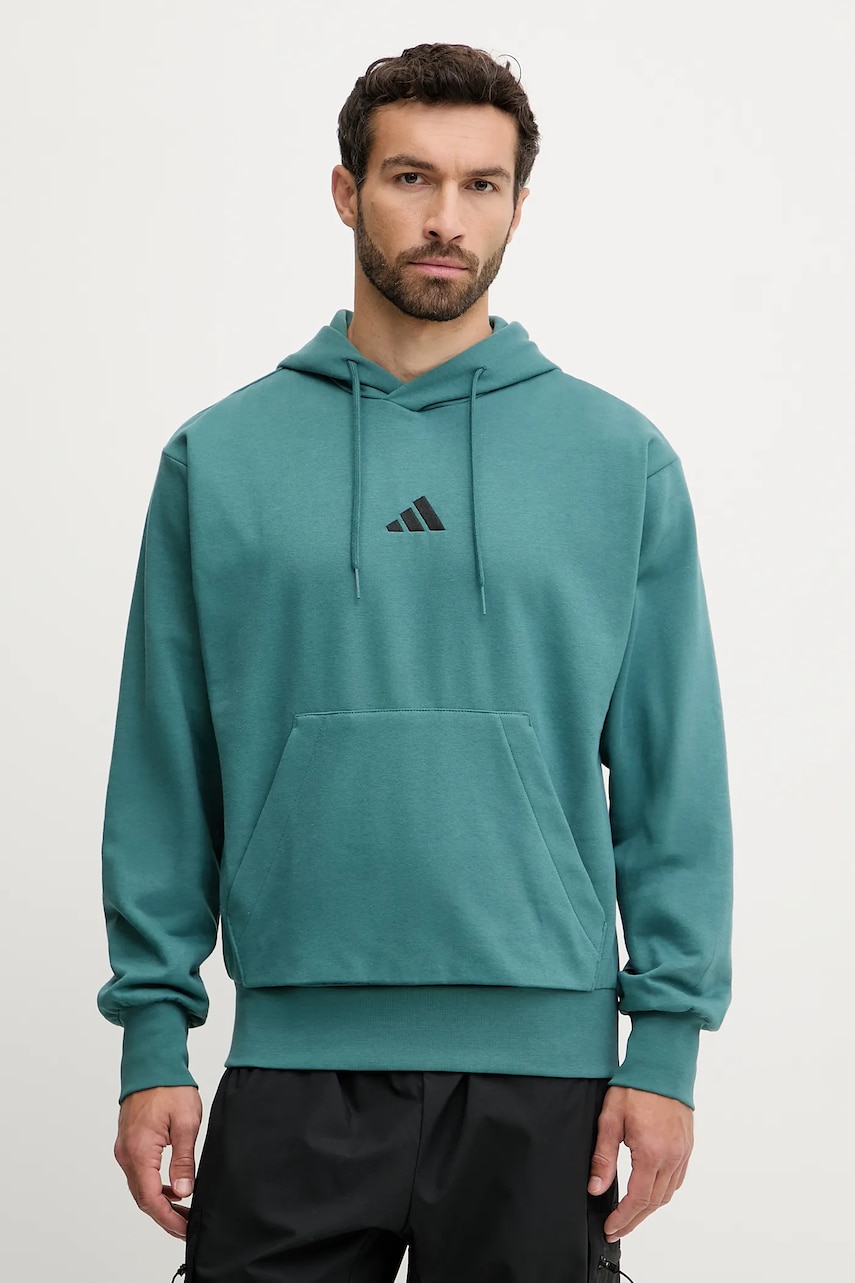 adidas bluză Feelcozy culoarea turcoaz, cu glugă, cu imprimeu, KB7650
