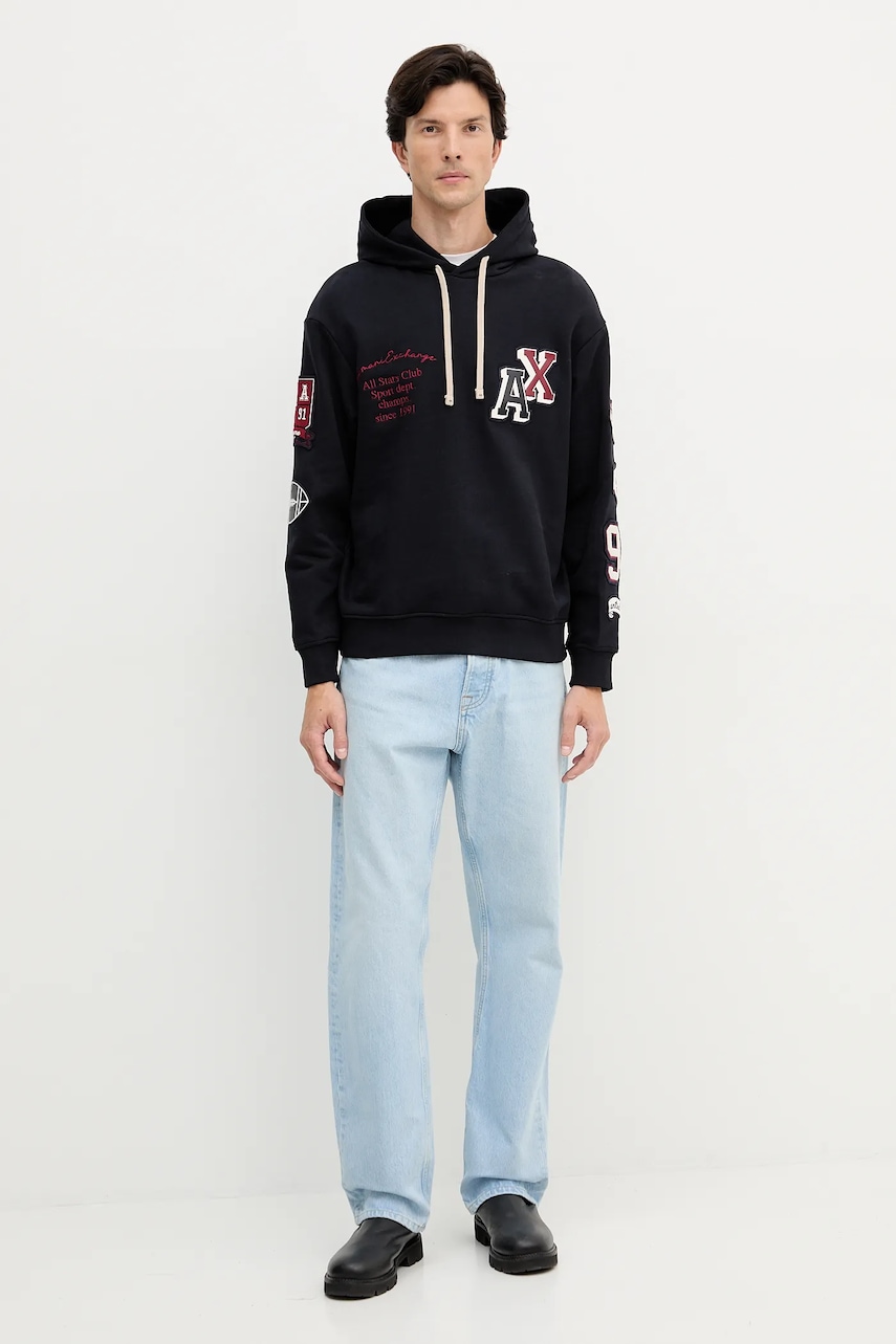 Хлопковая кофта Armani Exchange цвет синий с капюшоном с аппликацией XM000749 AF12656 Хлопковая кофта Armani Exchange цвет синий с капюшоном с аппликацией XM000749 AF12656