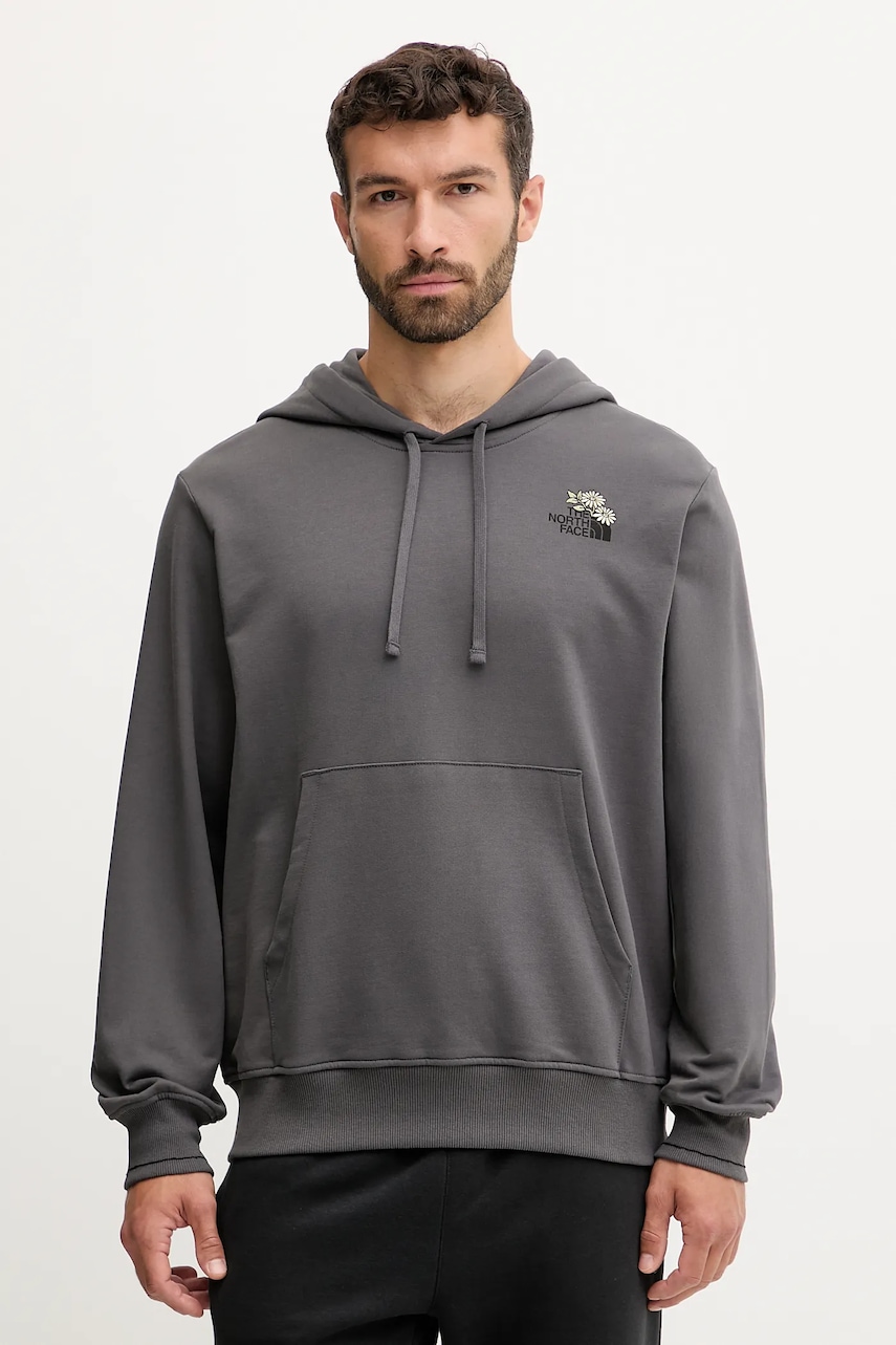 The North Face hanorac de bumbac Flowe Dome culoarea gri, cu glugă, cu imprimeu, NF0A8EGZRHI1