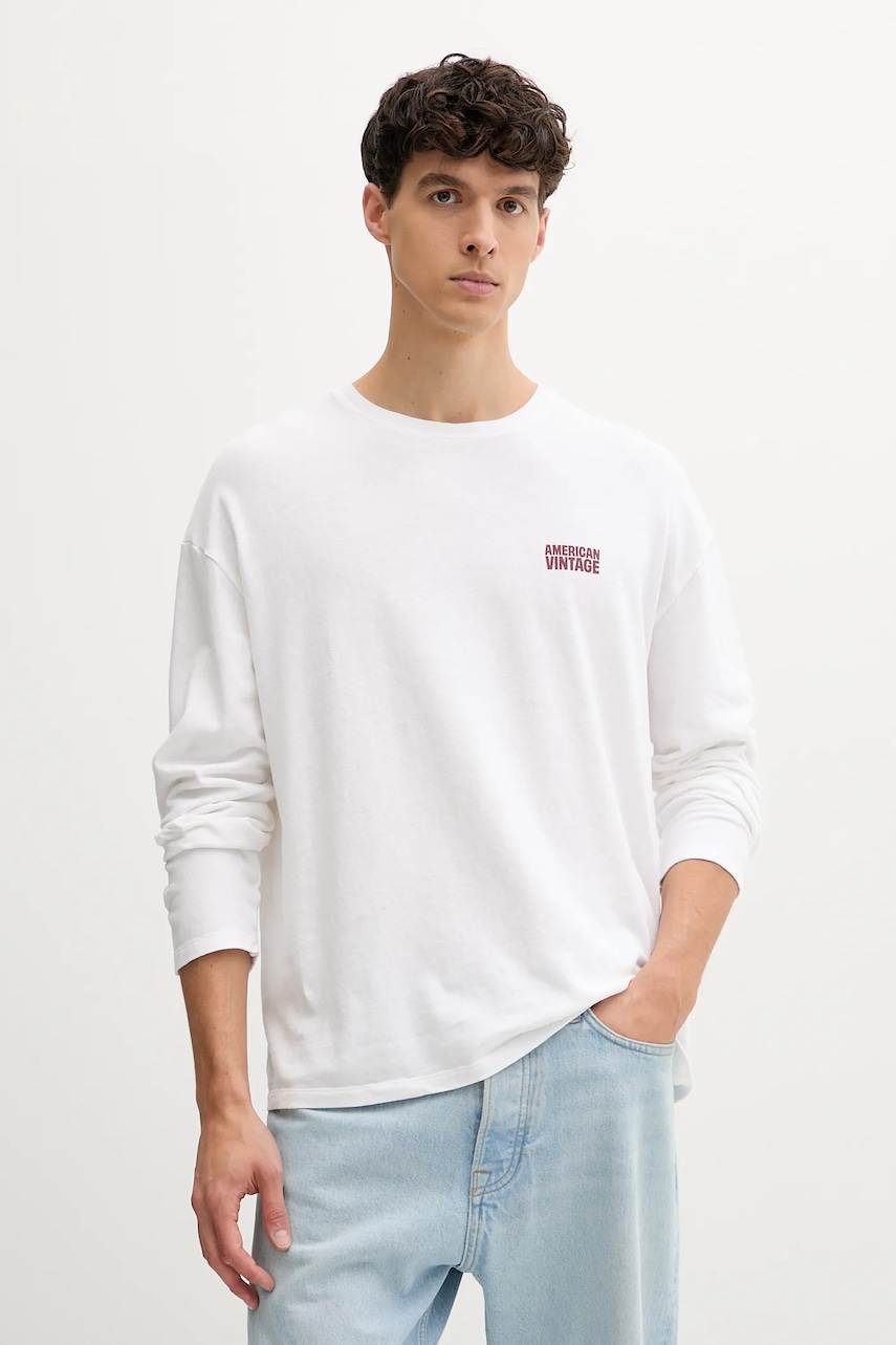 American Vintage longsleeve din bumbac culoarea alb, cu imprimeu, MYKO02B