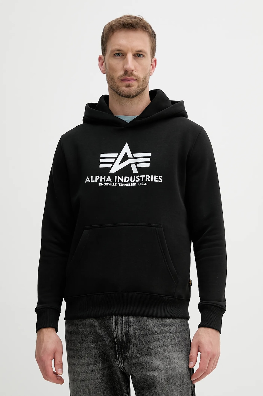 Alpha Industries bluză culoarea negru, cu glugă, cu imprimeu, 146343.423