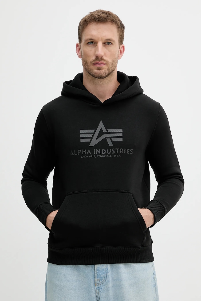 Alpha Industries bluză culoarea negru, cu glugă, cu imprimeu, 146343.515