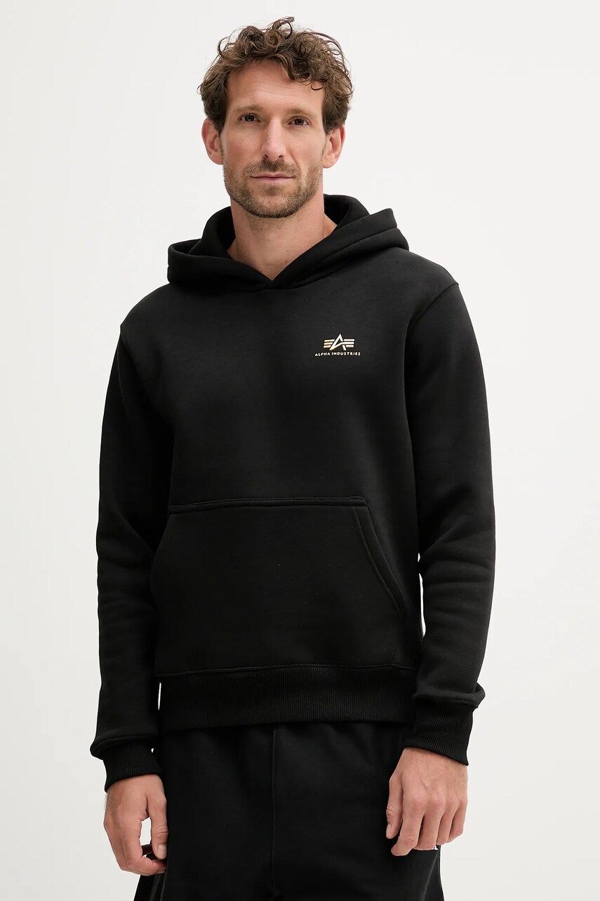 Levně Mikina Alpha Industries pánská, černá barva, s kapucí, hladká, 148347.533