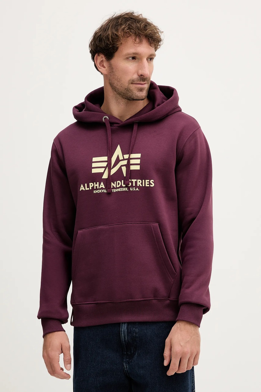 Levně Mikina Alpha Industries pánská, vínová barva, s kapucí, s potiskem, 178312.608