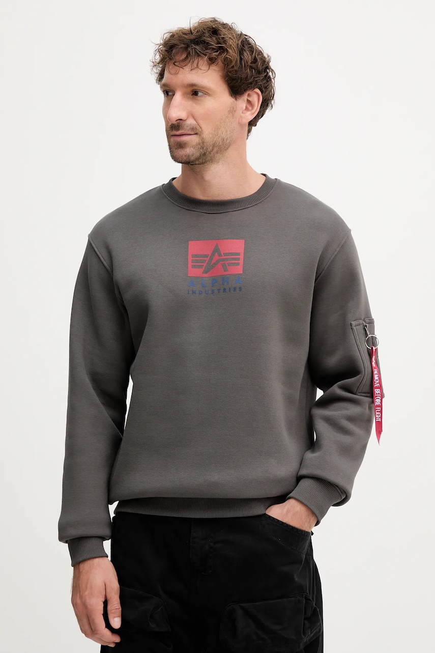 Levně Mikina Alpha Industries pánská, šedá barva, s potiskem, 148311.684