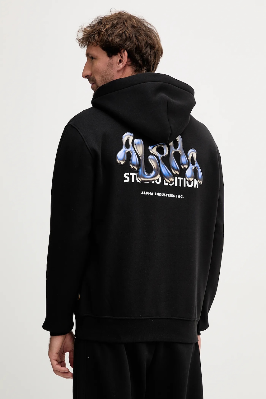 Alpha Industries bluză culoarea negru, cu glugă, cu imprimeu, 156339.03