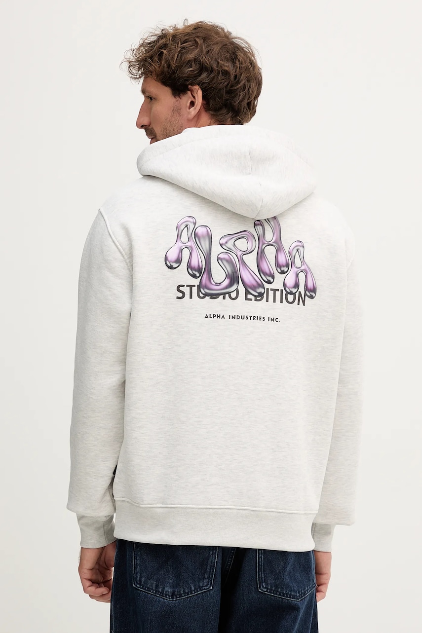 Levně Mikina Alpha Industries pánská, šedá barva, s kapucí, s potiskem, 156339.752