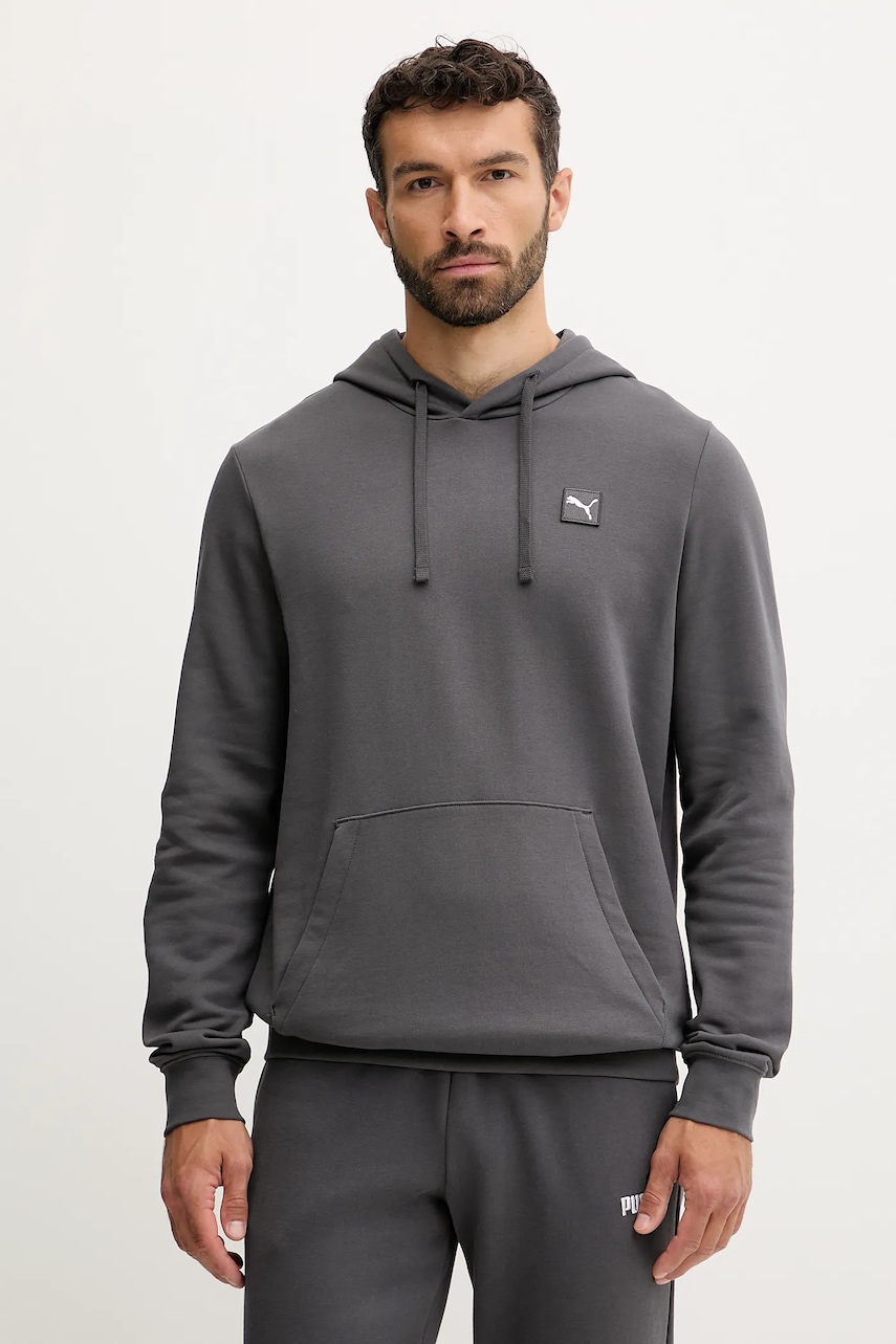 Puma hanorac de bumbac culoarea gri, cu glugă, cu imprimeu, 688254