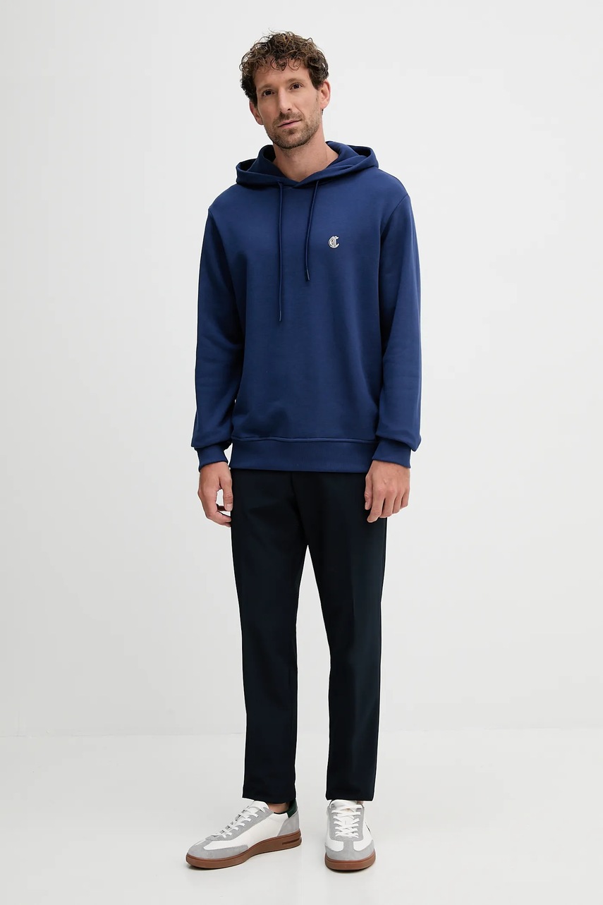 Хлопковая кофта Just Cavalli цвет синий с капюшоном однотонная 79OAIT06 CF500