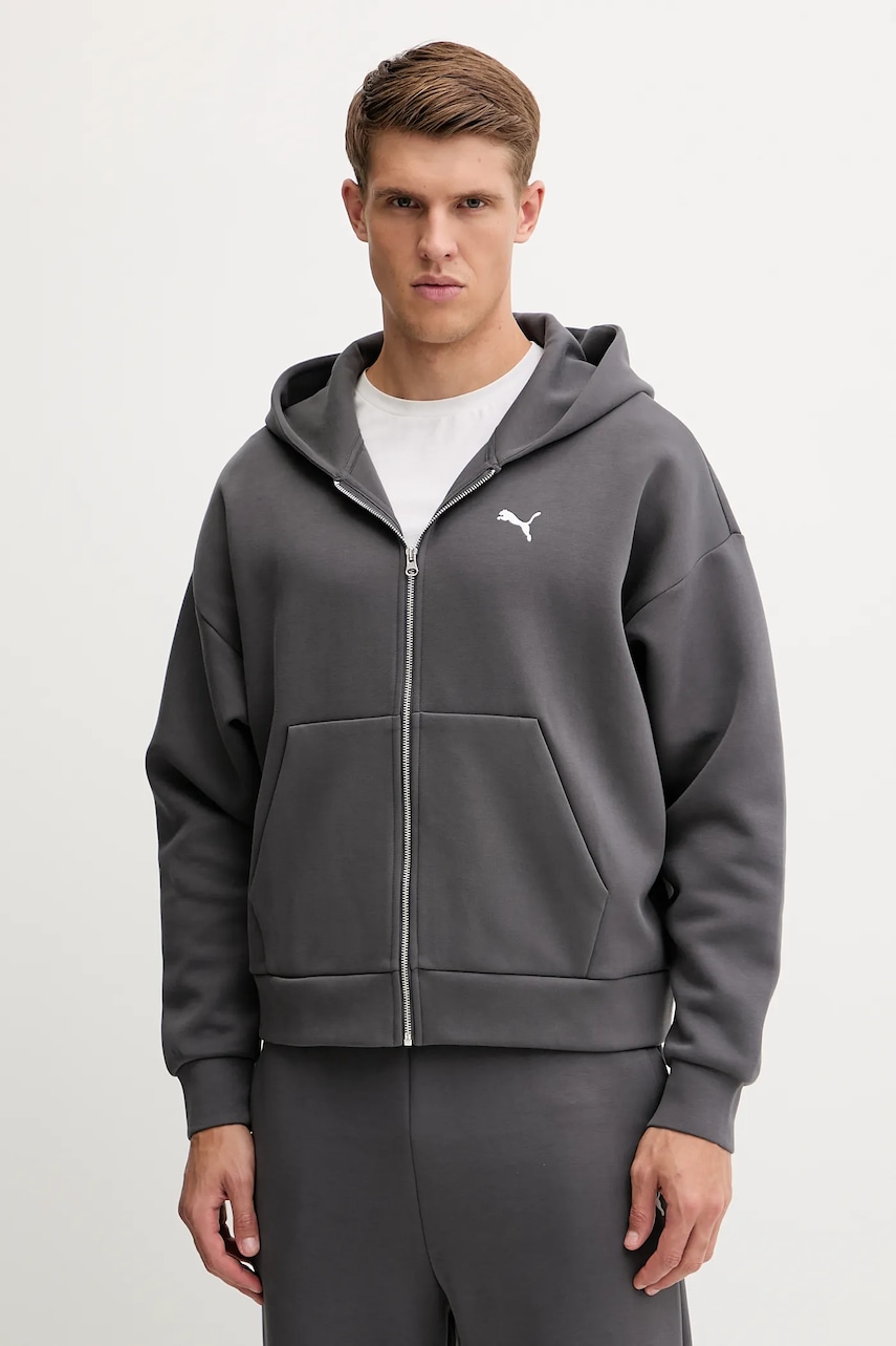 Puma bluză culoarea gri, cu glugă, uni, 632066