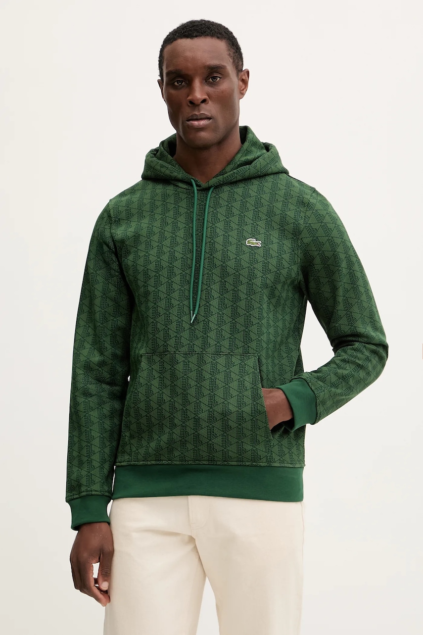 Lacoste hanorac de bumbac culoarea verde, cu glugă, cu imprimeu, SH5885