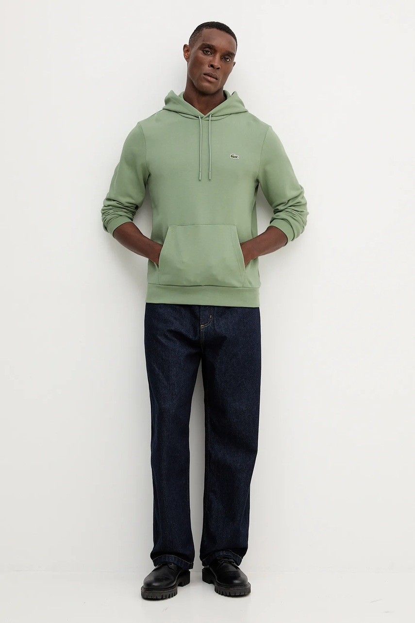 Хлопковая кофта Lacoste цвет зелёный с капюшоном однотонная SH9839