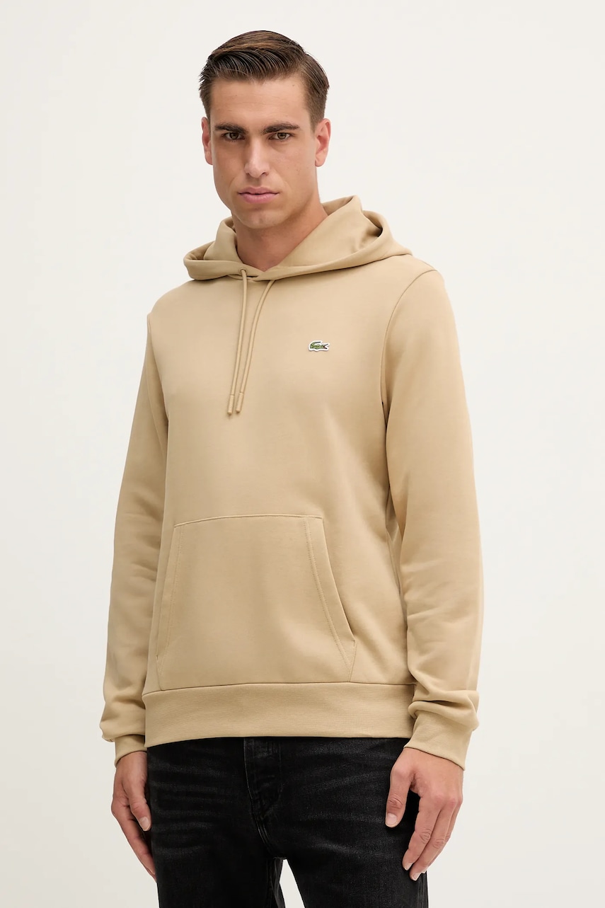 Lacoste hanorac de bumbac culoarea bej, cu glugă, uni, SH9839