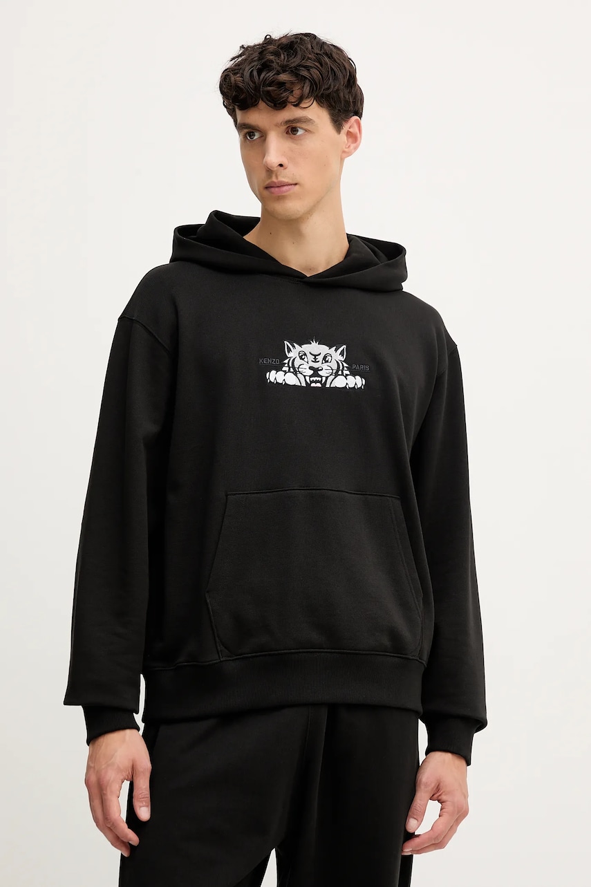 Kenzo hanorac de bumbac culoarea negru, cu glugă, cu imprimeu, FF65HO2534MF