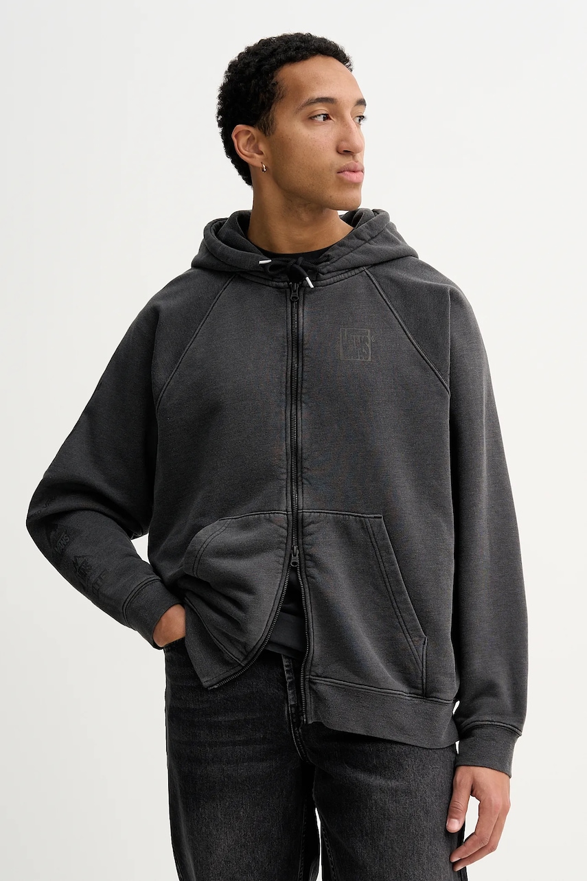 Vans bluză culoarea gri, cu glugă, uni, VN000PJMBLK1