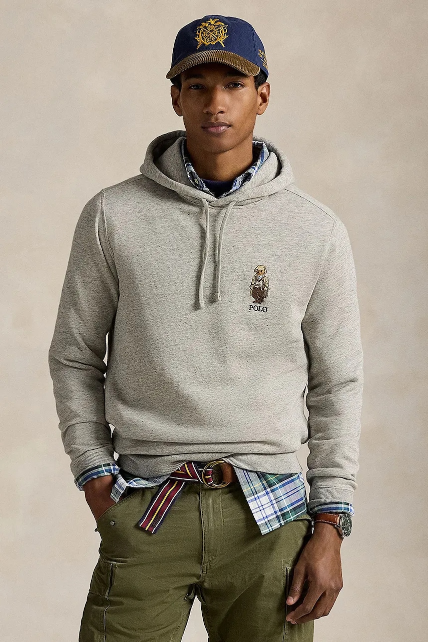 Levně Mikina Polo Ralph Lauren pánská, šedá barva, s kapucí, s aplikací, 710980307