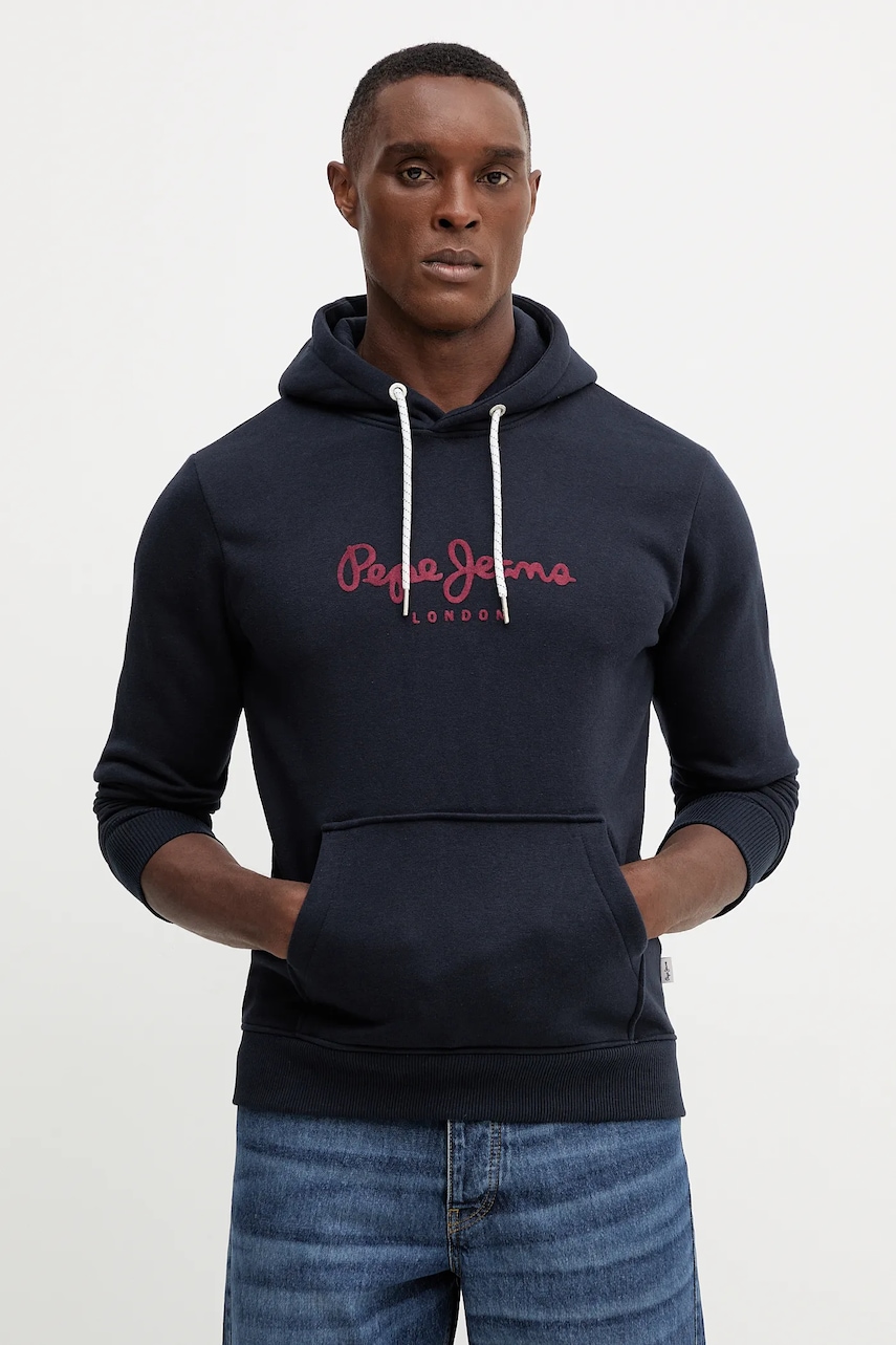 Pepe Jeans bluză culoarea bleumarin, cu glugă, cu imprimeu, PM5800009