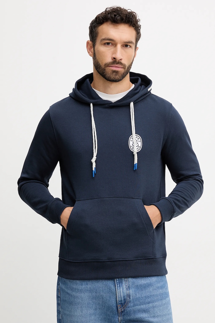 Pepe Jeans hanorac de bumbac culoarea bleumarin, cu glugă, cu imprimeu, PM5800042