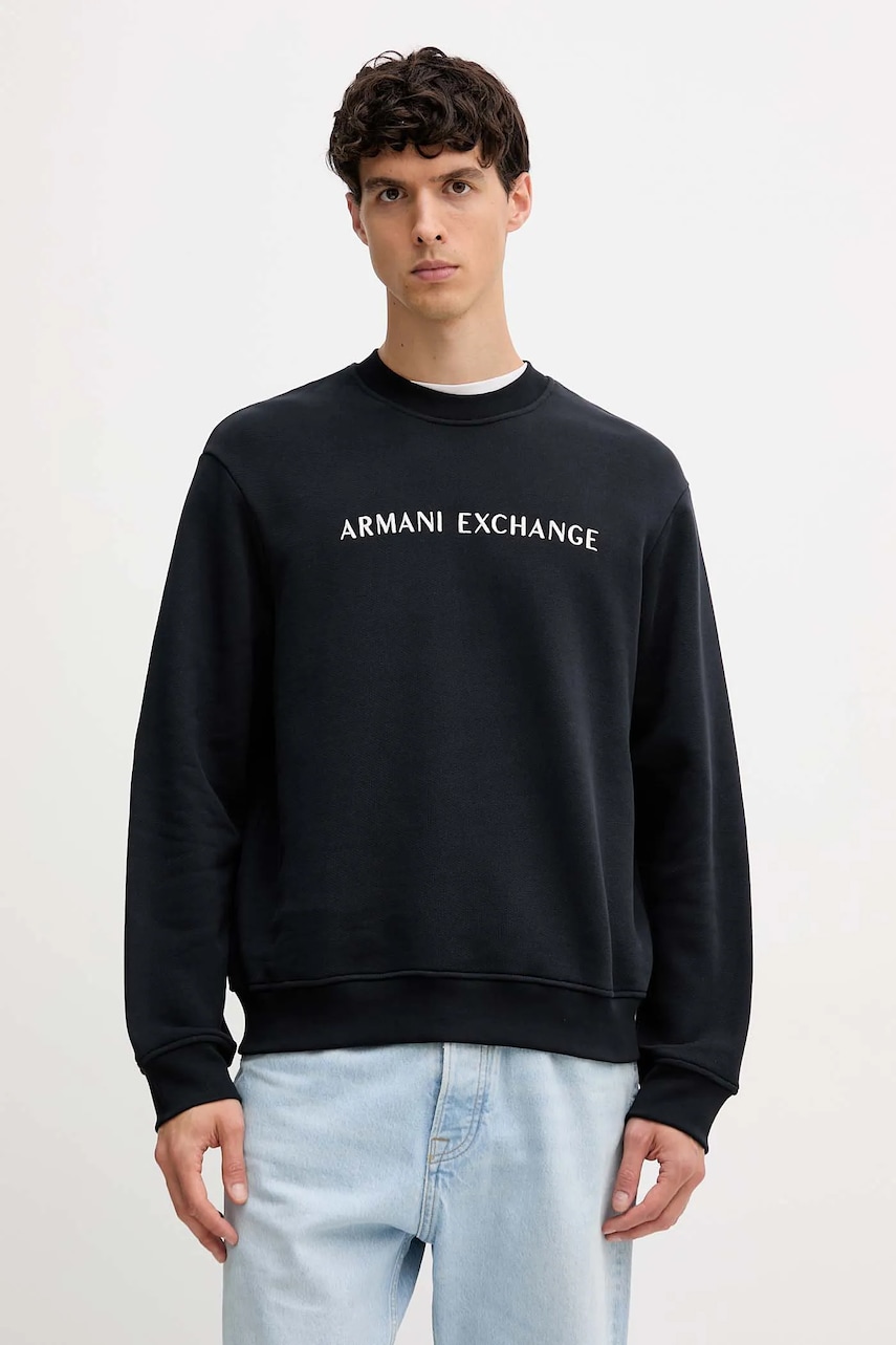 Armani Exchange hanorac de bumbac culoarea bleumarin, cu imprimeu, XM001418 AF16434