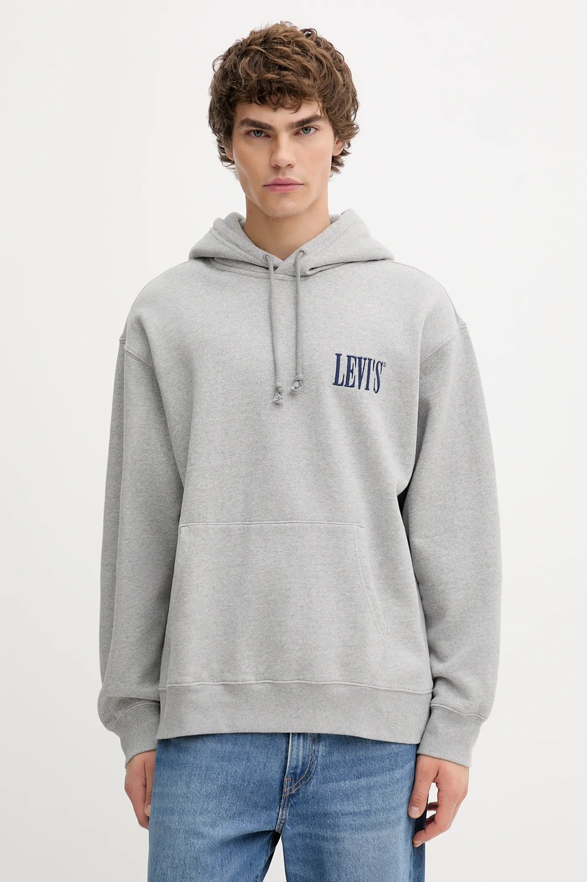 Levi\'s bluză culoarea gri, cu glugă, cu imprimeu, 38479