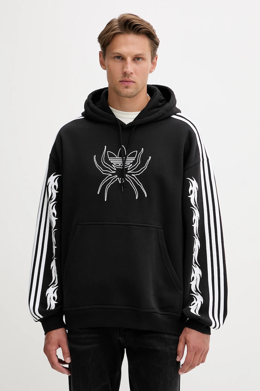 adidas Originals bluză Spiders Loose Hoodie culoarea negru, cu glugă, cu imprimeu, JW0223