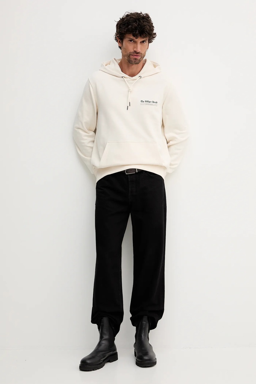 Хлопковая кофта Tommy Hilfiger цвет бежевый с капюшоном с принтом MW0MW40065