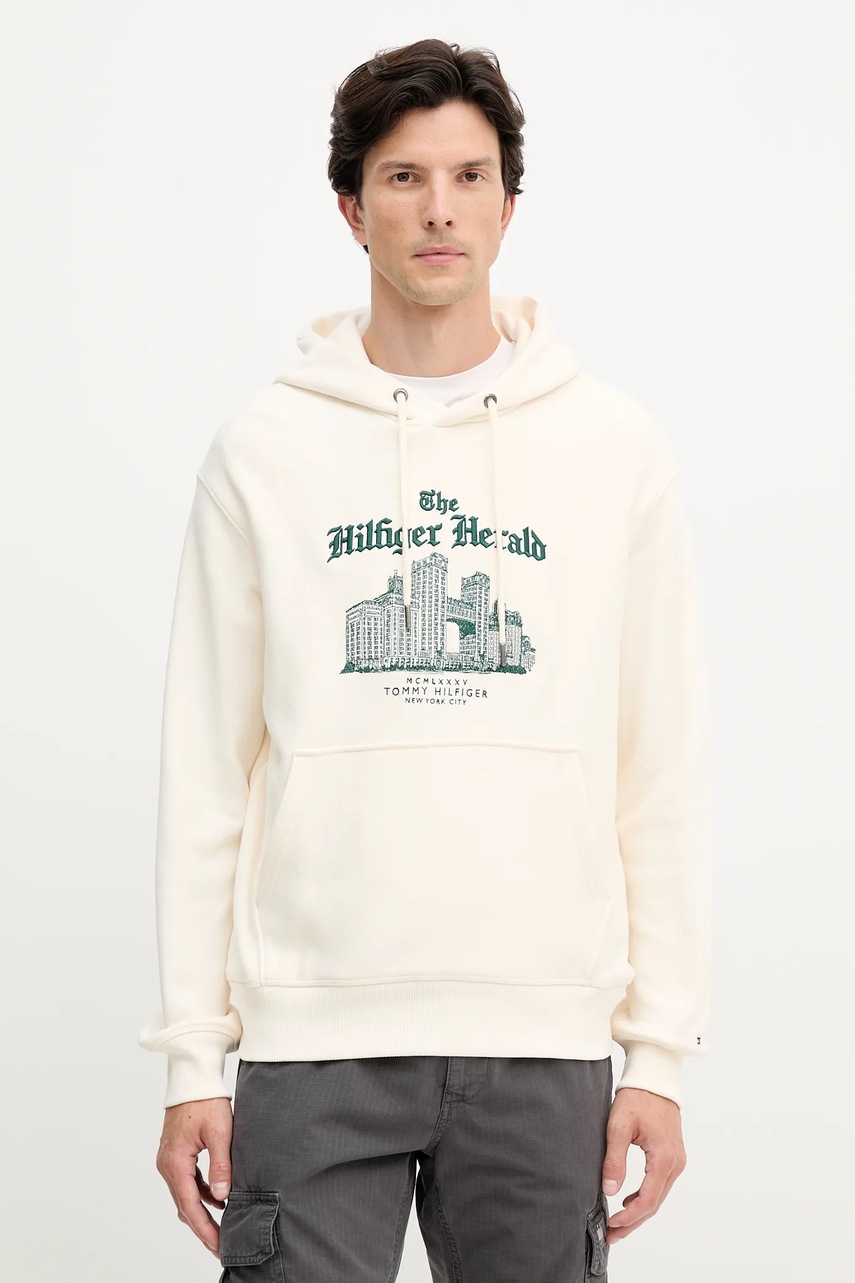 Levně Bavlněná mikina Tommy Hilfiger pánská, béžová barva, s kapucí, s aplikací, MW0MW40066