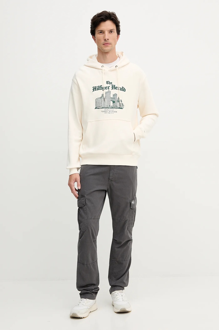 Хлопковая кофта Tommy Hilfiger цвет бежевый с капюшоном с аппликацией MW0MW40066