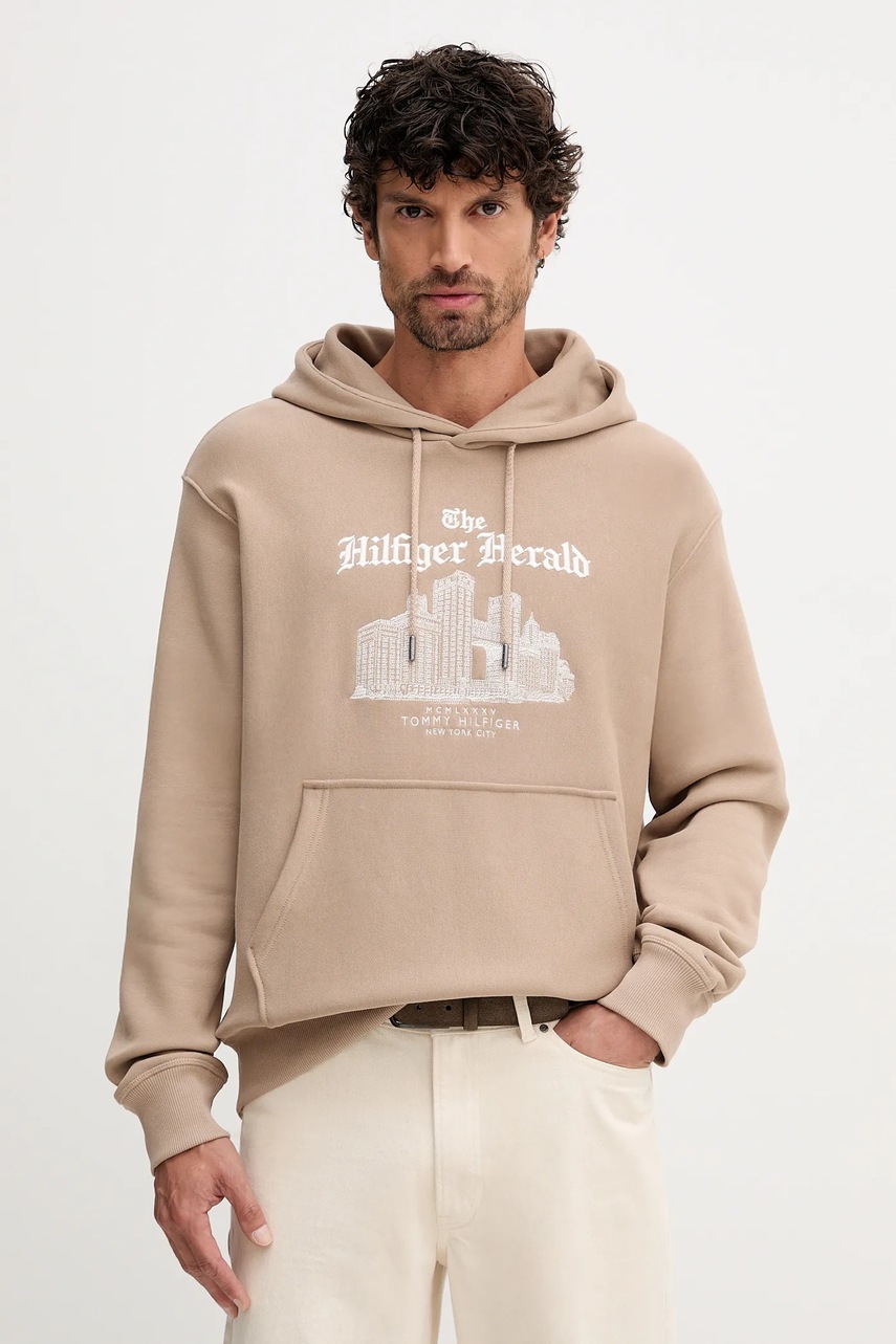 Levně Bavlněná mikina Tommy Hilfiger pánská, béžová barva, s kapucí, s aplikací, MW0MW40066