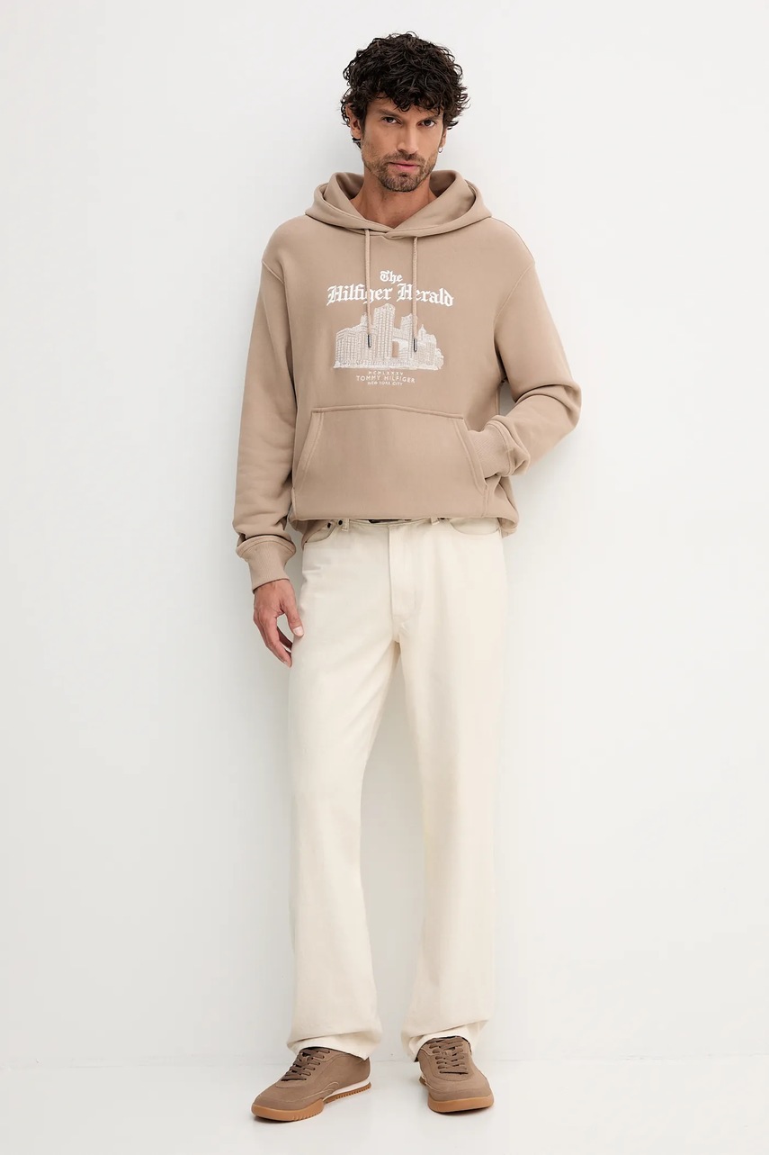 Хлопковая кофта Tommy Hilfiger цвет бежевый с капюшоном с аппликацией MW0MW40066