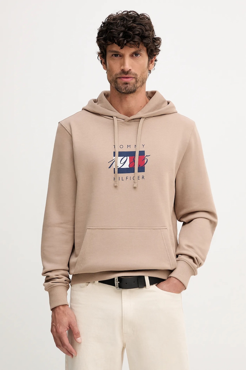 Levně Bavlněná mikina Tommy Hilfiger pánská, béžová barva, s kapucí, s potiskem, MW0MW41332