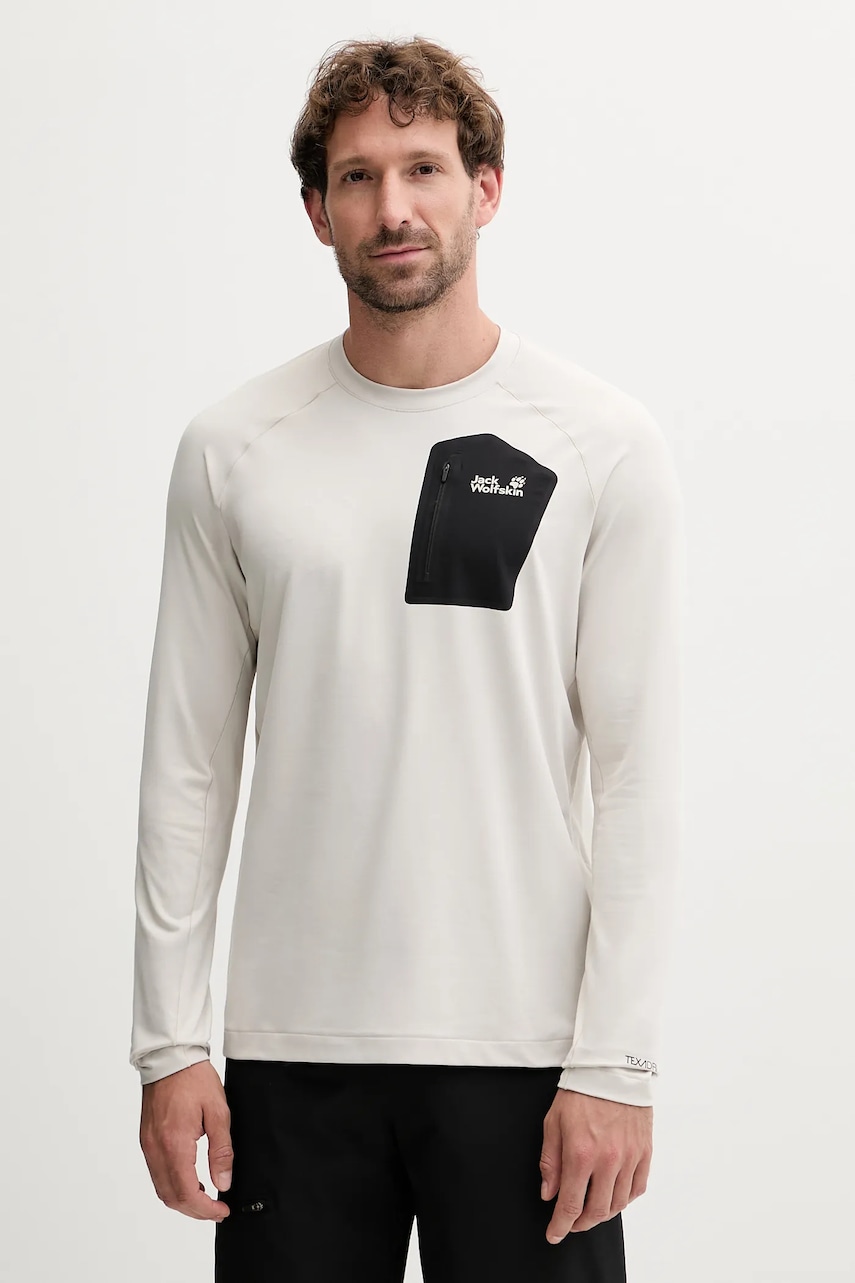 Jack Wolfskin longsleeve sport PRELIGHT culoarea bej, cu imprimeu, A65168 Jack Wolfskin longsleeve sport PRELIGHT culoarea bej, cu imprimeu, A65168