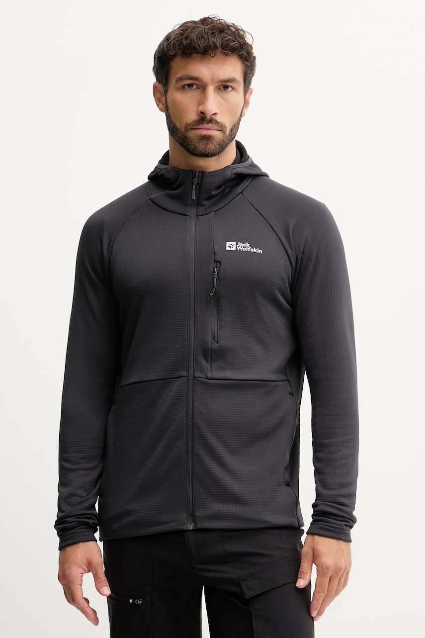 Levně Mikina Jack Wolfskin KOLBENBERG pánská, černá barva, s kapucí, hladká, A63966