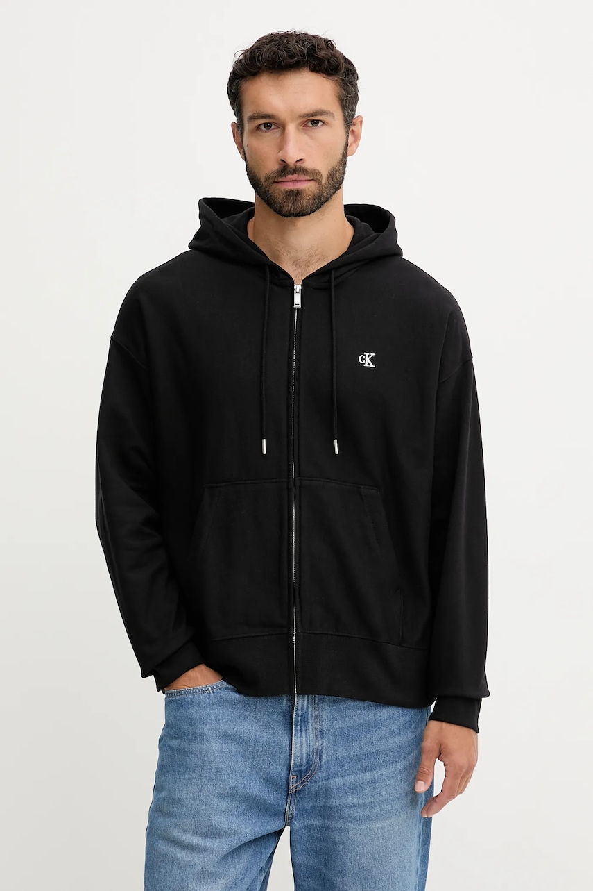 Levně Mikina Calvin Klein Jeans pánská, černá barva, s kapucí, hladká, LV04RD232G