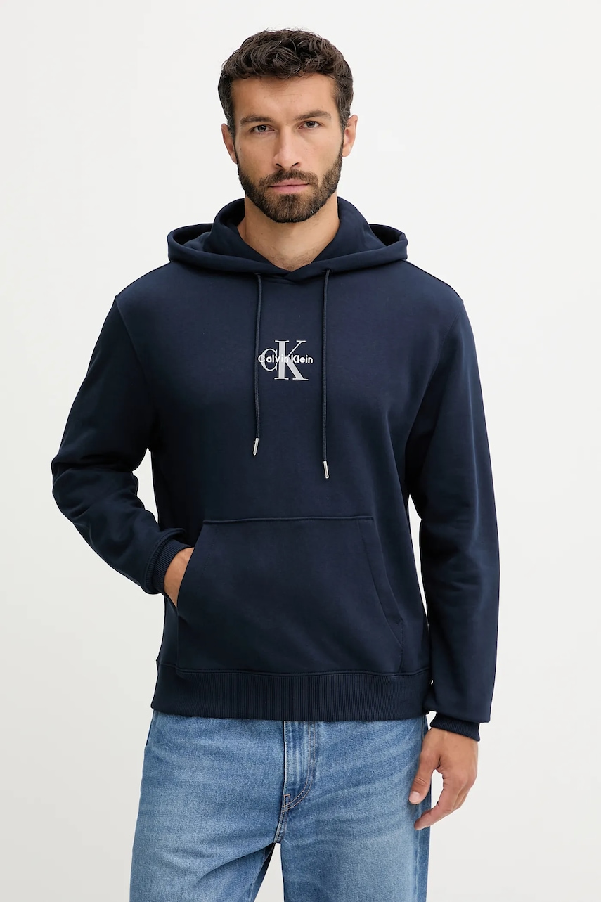 Levně Bavlněná mikina Calvin Klein Jeans pánská, tmavomodrá barva, s kapucí, s potiskem, LV04RD243G
