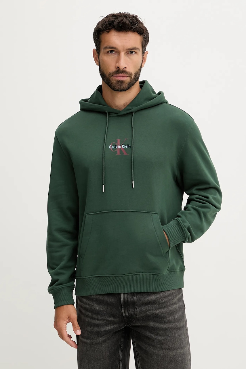 Levně Bavlněná mikina Calvin Klein Jeans pánská, zelená barva, s kapucí, s potiskem, LV04RD243G