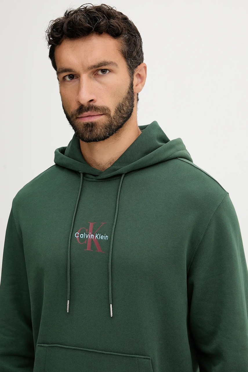 Βαμβακερή μπλούζα Calvin Klein Jeans χρώμα: πράσινο, με κουκούλα, LV04RD243G φωτογραφία