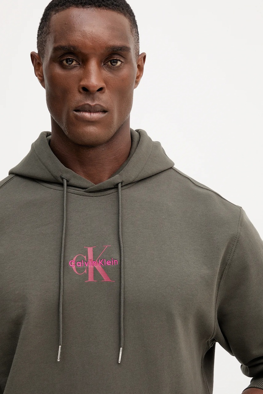 Βαμβακερή μπλούζα Calvin Klein Jeans χρώμα: γκρι, με κουκούλα, LV04RD243G φωτογραφία