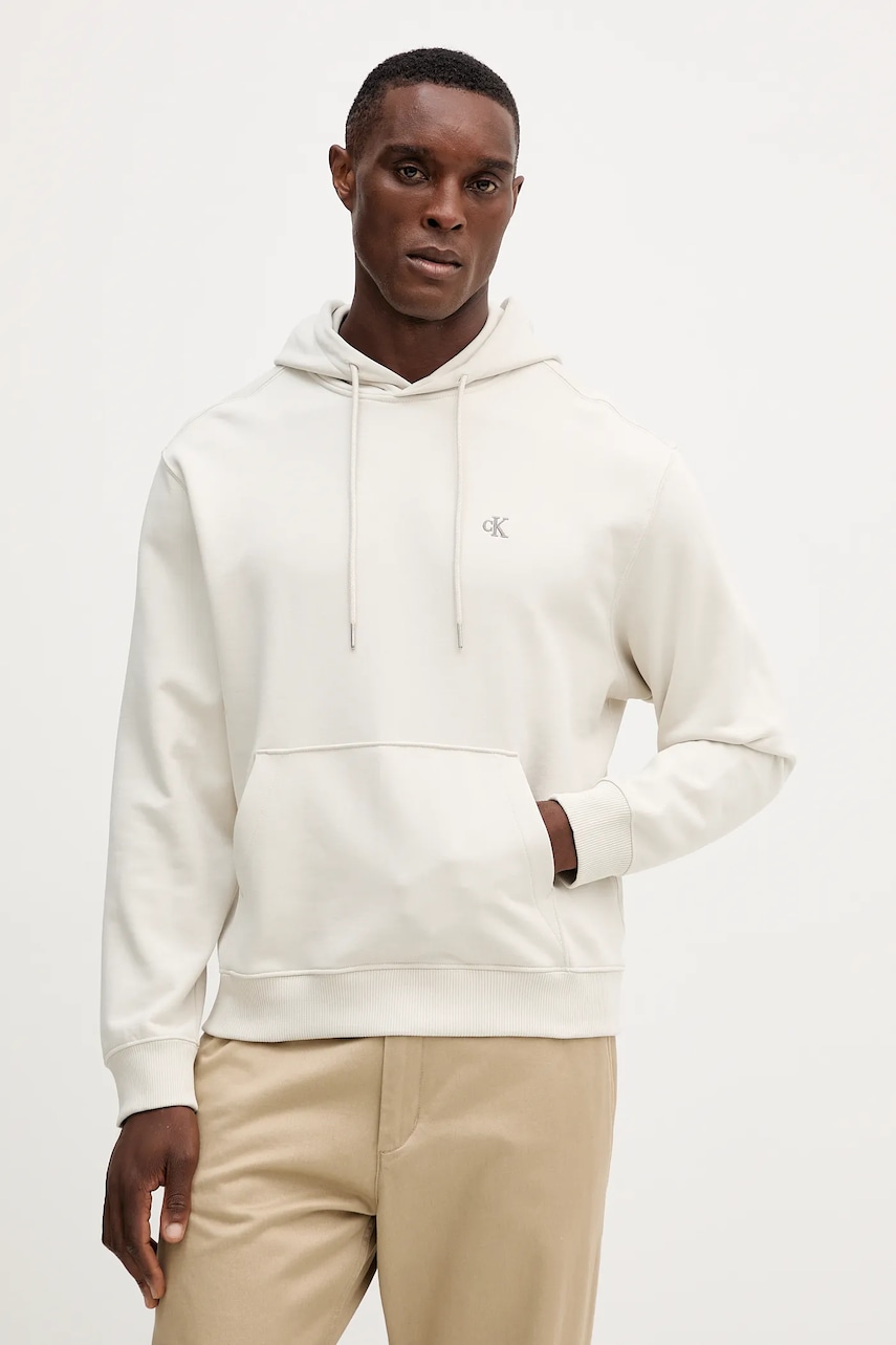 Levně Bavlněná mikina Calvin Klein Jeans pánská, béžová barva, s kapucí, hladká, LV04RC297G