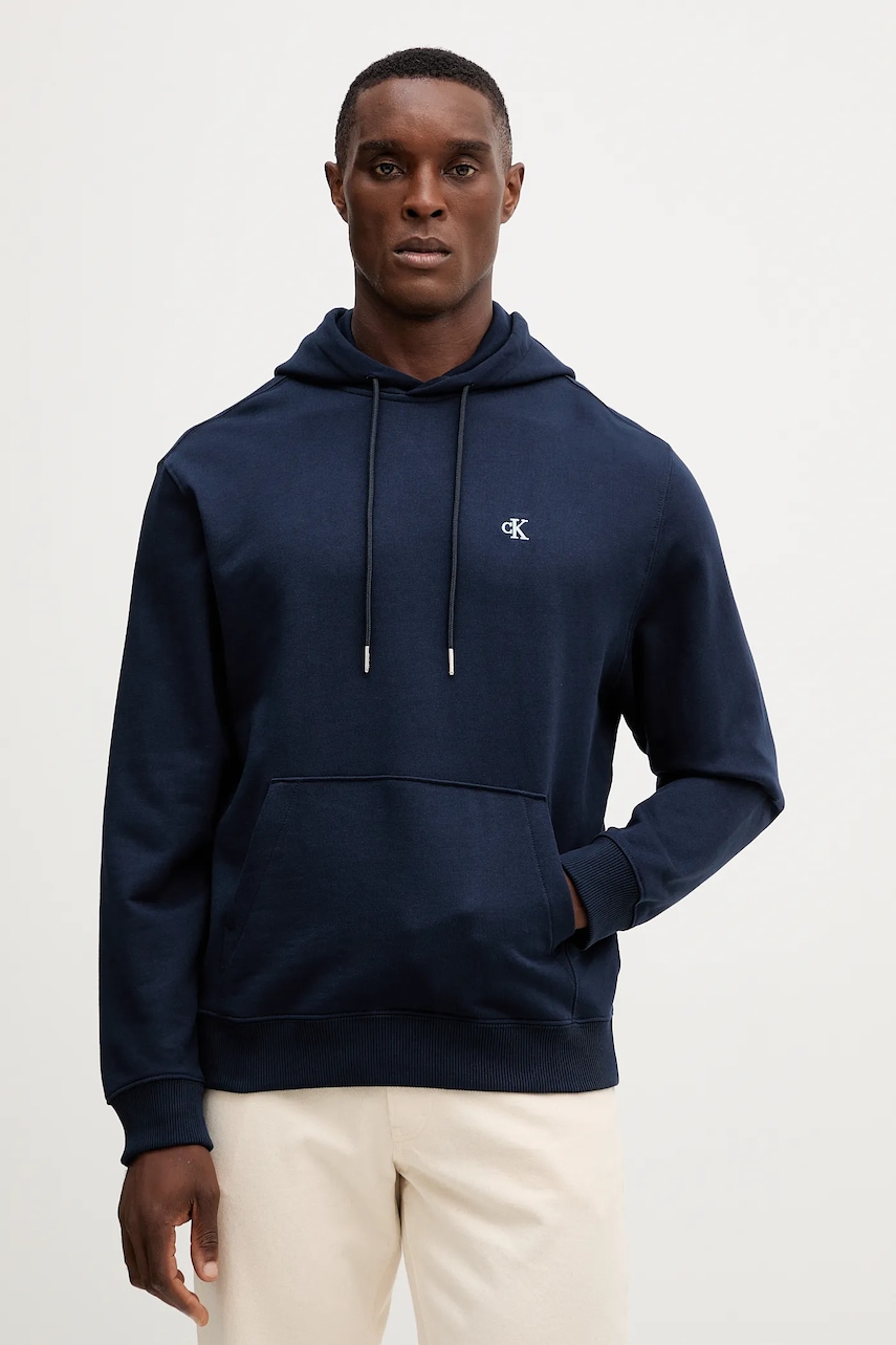 Levně Bavlněná mikina Calvin Klein Jeans pánská, tmavomodrá barva, s kapucí, hladká, LV04RC297G