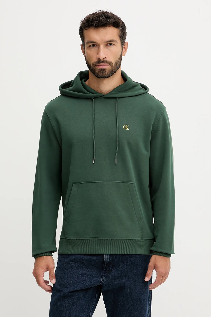 Levně Bavlněná mikina Calvin Klein Jeans pánská, zelená barva, s kapucí, hladká, LV04RC297G