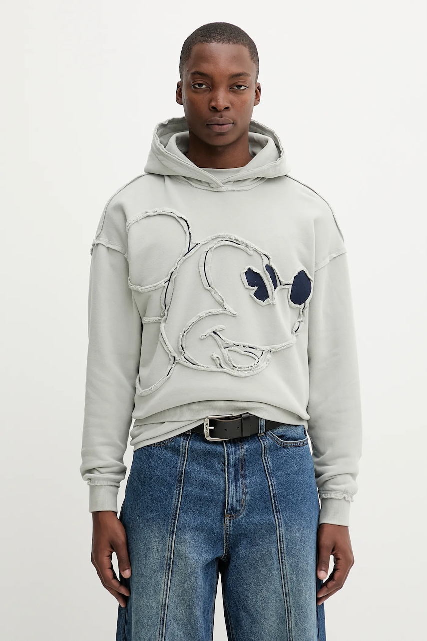 Desigual hanorac de bumbac SHEFFIELD MICKEY culoarea gri, cu glugă, cu imprimeu, 25WMSK08