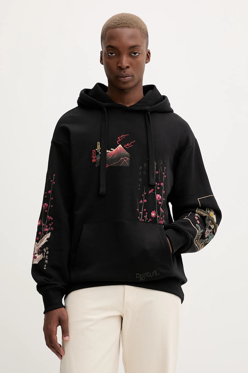Desigual hanorac de bumbac POSTCARDS culoarea negru, cu glugă, cu imprimeu, 25WMSK13
