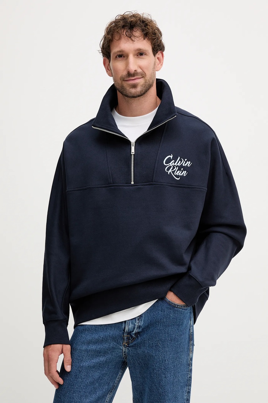 Levně Mikina Calvin Klein Jeans pánská, tmavomodrá barva, s aplikací, LV04RD205G