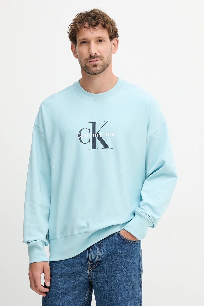 Levně Mikina Calvin Klein Jeans pánská, tyrkysová barva, s potiskem, LV04RD234G