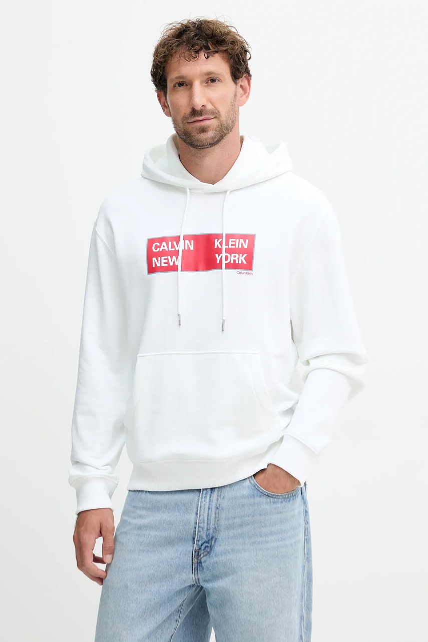 Levně Bavlněná mikina Calvin Klein Jeans pánská, bílá barva, s kapucí, s potiskem, LV04RD259G