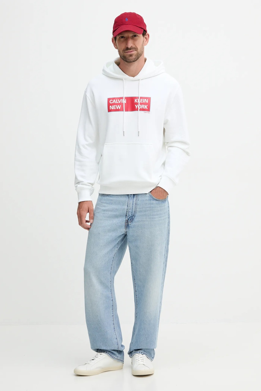 Хлопковая кофта Calvin Klein Jeans цвет белый с капюшоном с принтом LV04RD259G